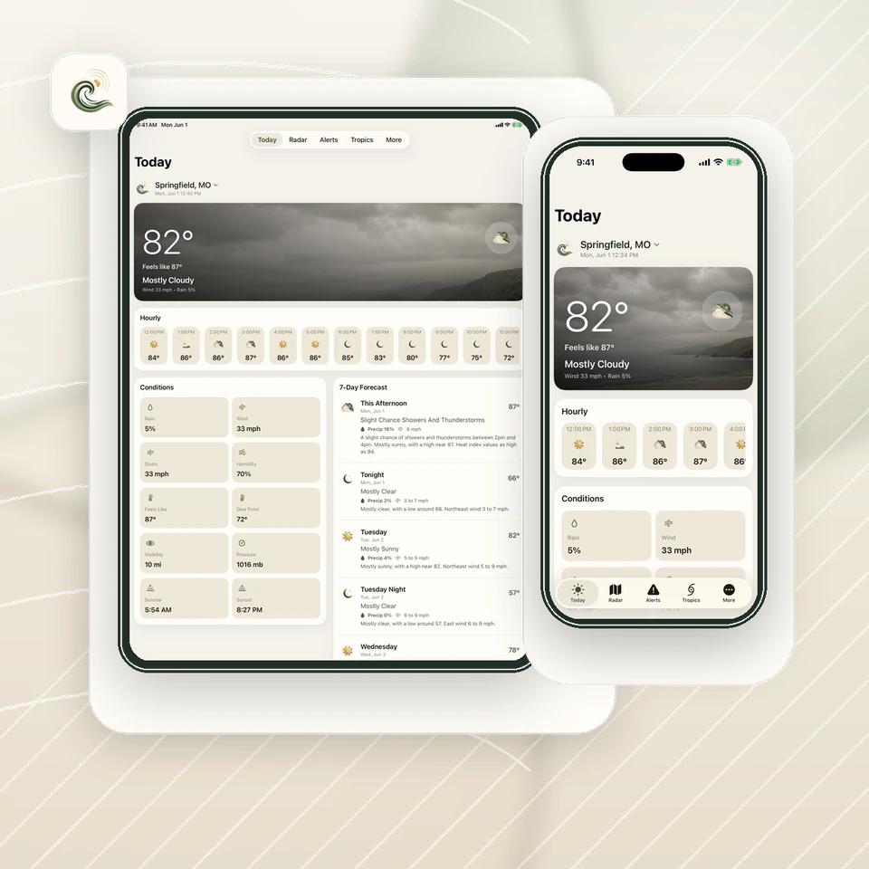 Weather Direct current conditions and forecast views on a tablet and phone.