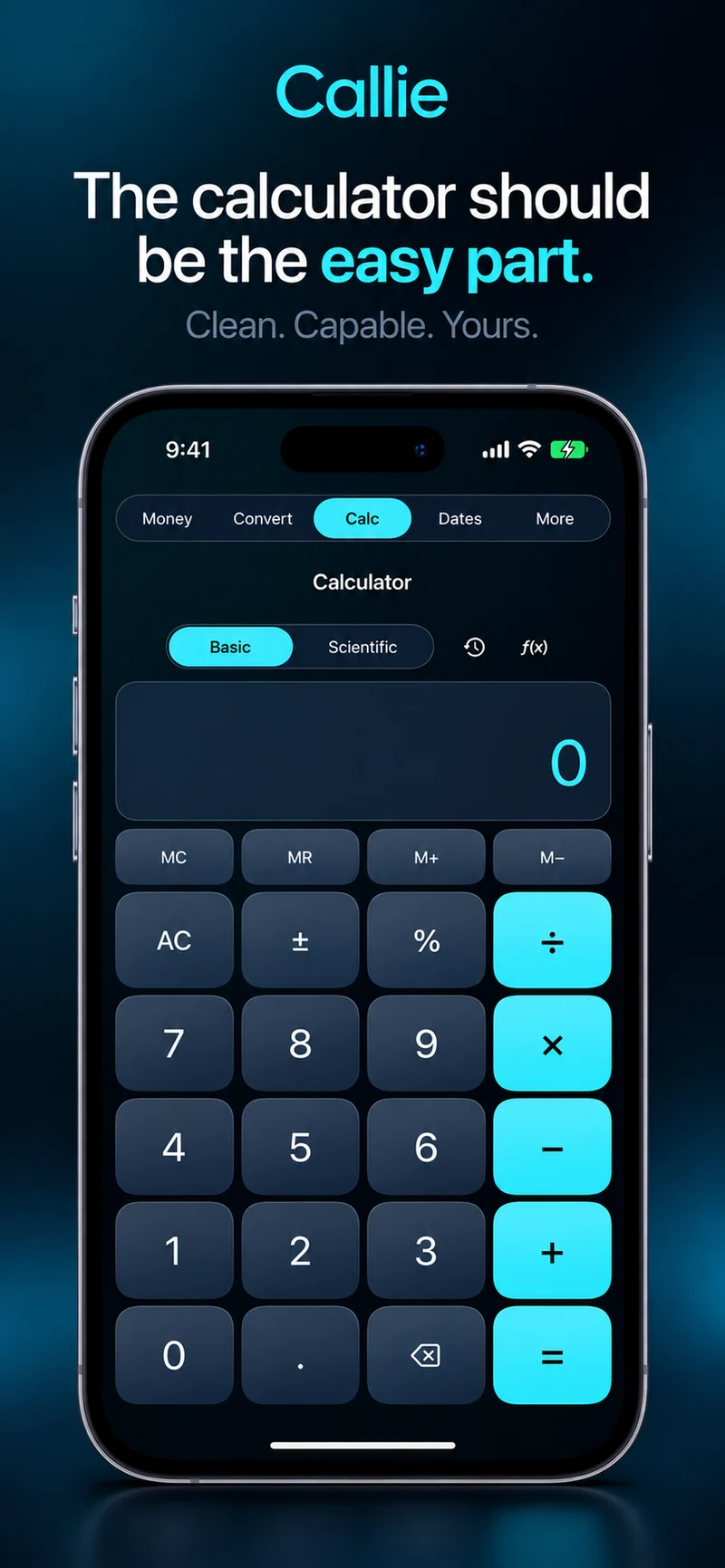Callie Basic calculator on iPhone, with memory controls, calculation history, and cyan arithmetic keys.