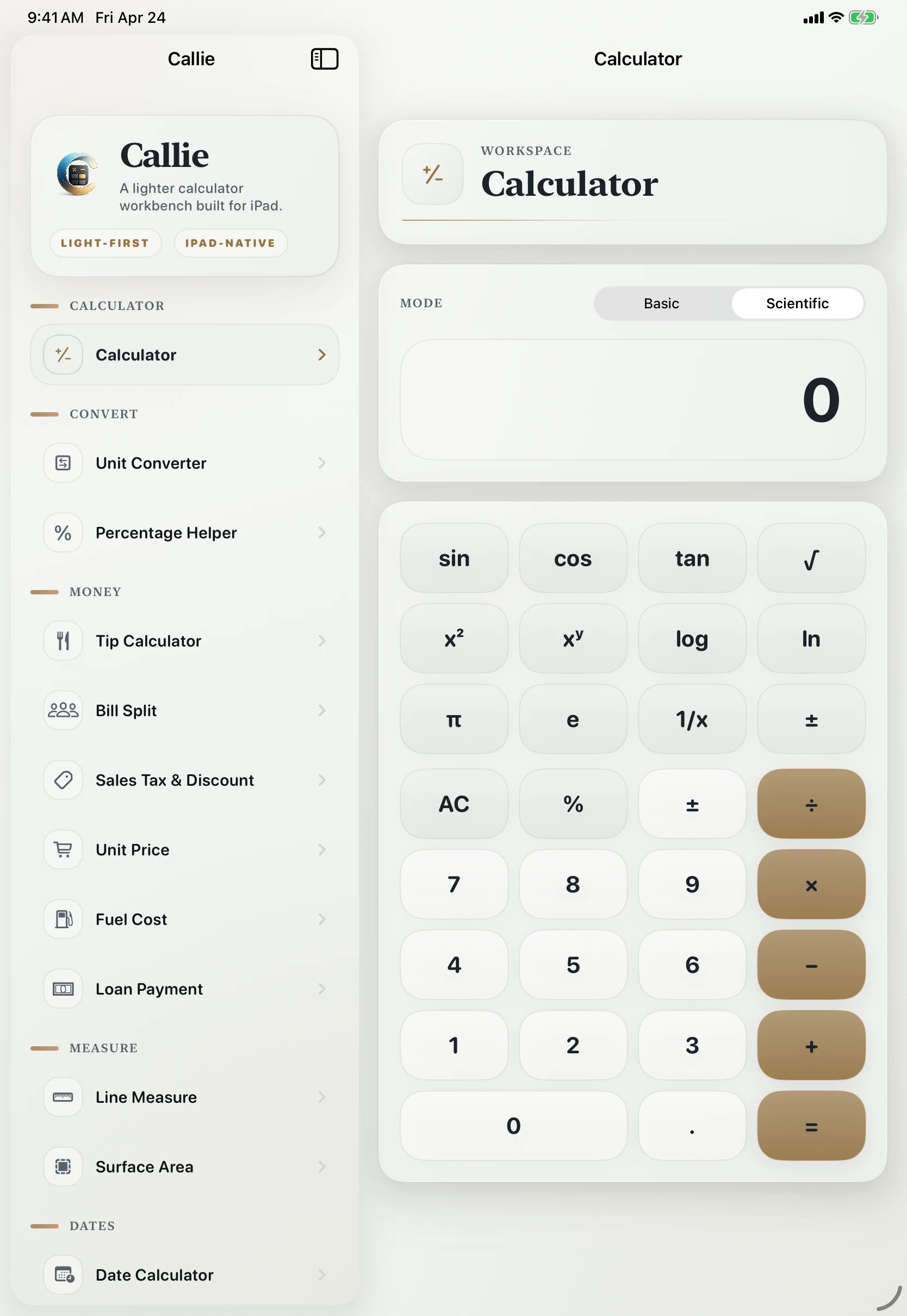 Callie classic calculator screen with clean number keys
