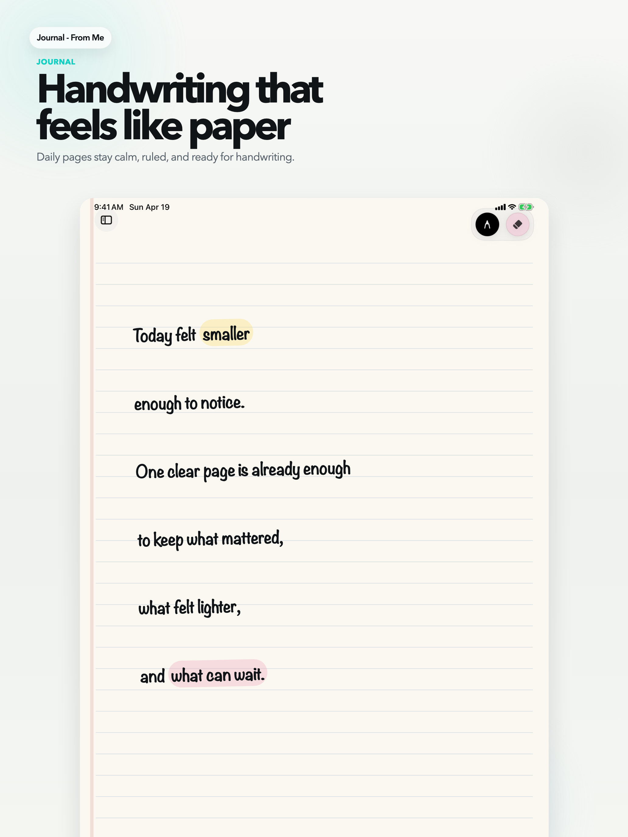 Journal - From Me iPad screenshot showing handwriting on a ruled journal page.