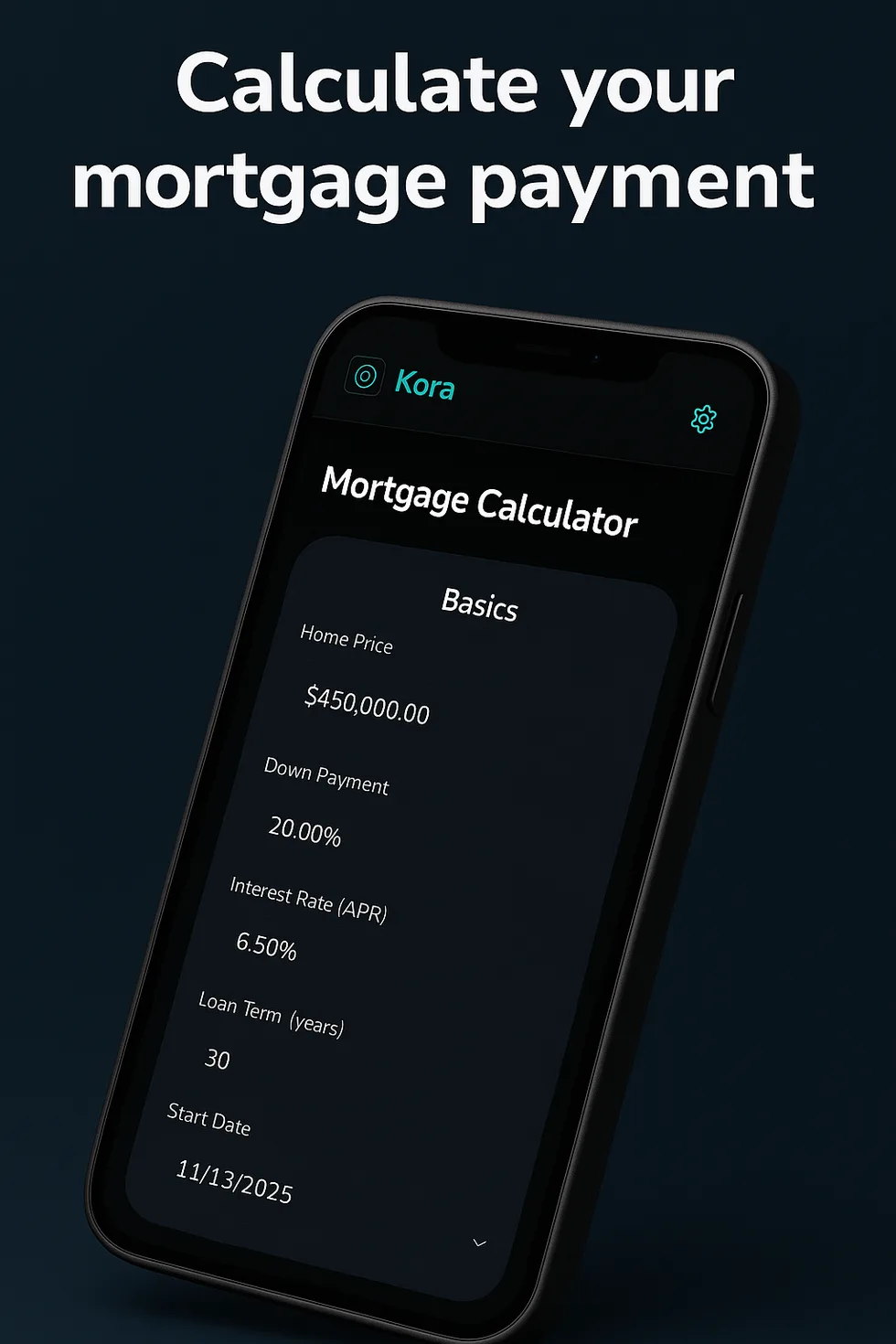 Kora mortgage calculator screen