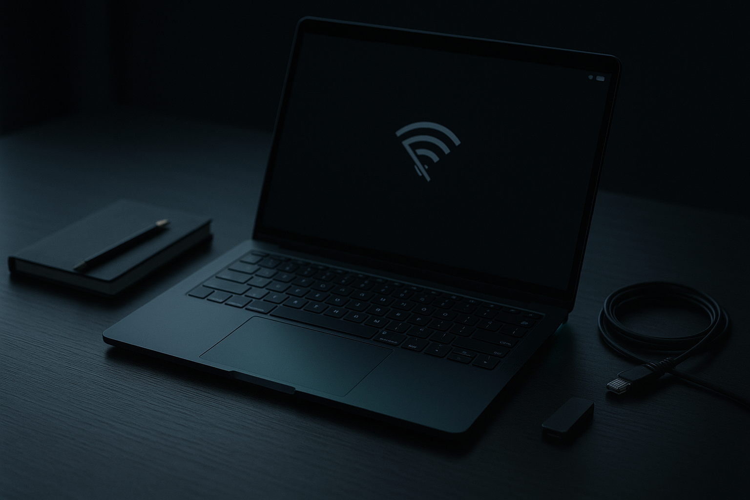 Desk-level shot of a laptop with a faint teal glow and Wi-Fi toggled off, notebook and cable nearby.