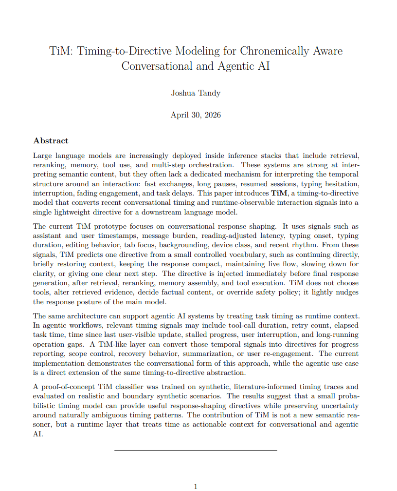 Diagram-style cover image for TiM, showing timing signals being converted into a lightweight directive for an AI response.