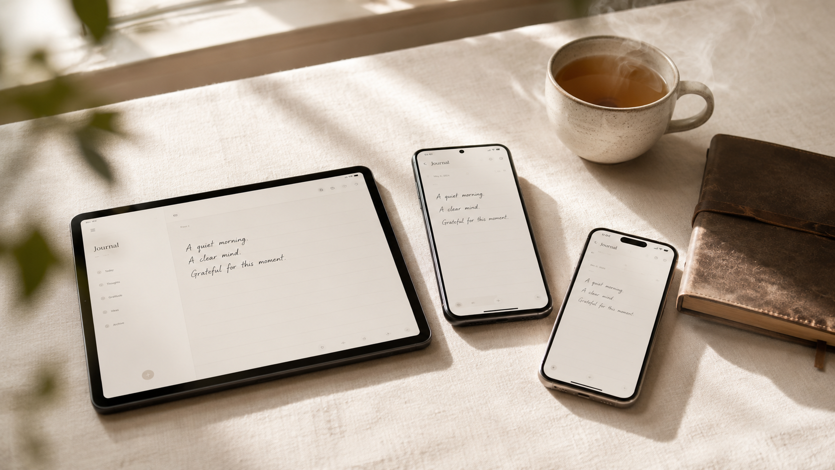 A tablet and smartphones on a linen surface with a cup of tea, showcasing the Journal - From Me app across Android and iOS devices in a serene, mindful setting.