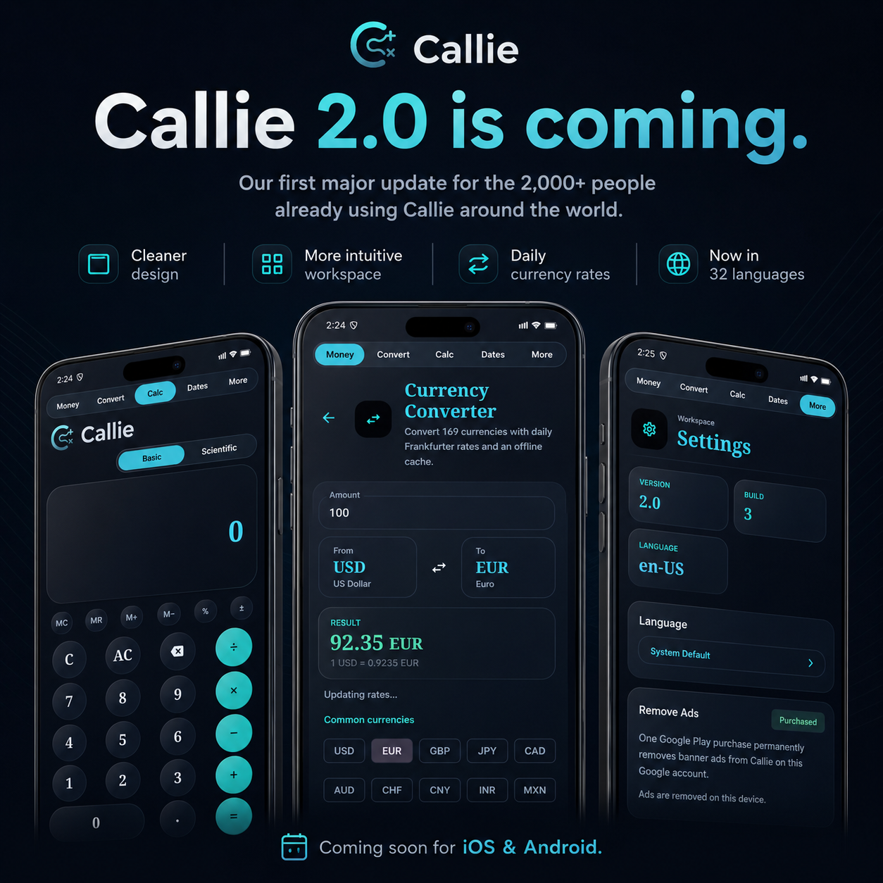 Square promotional graphic for Callie 2.0 showing three app screens for calculator, currency converter, and settings, with text announcing the update for iOS and Android.