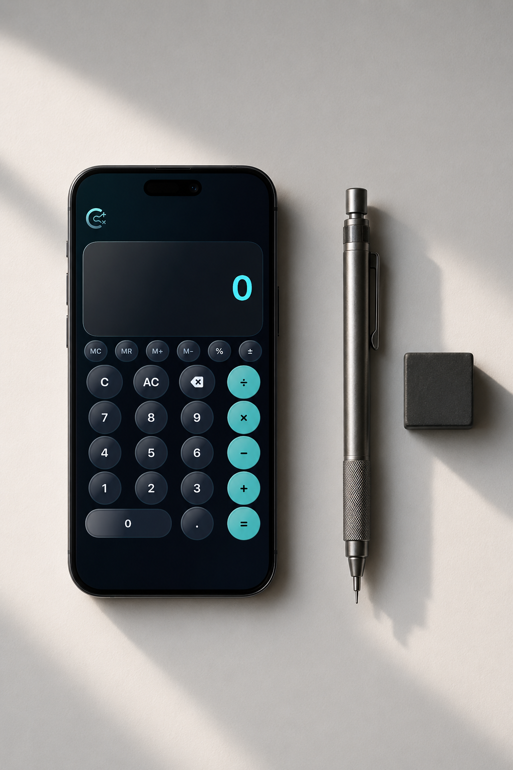 A minimalist composition of a sleek smartphone and a physical drafting pencil on a clean white desk, symbolizing the blend of digital utility and tactile precision.