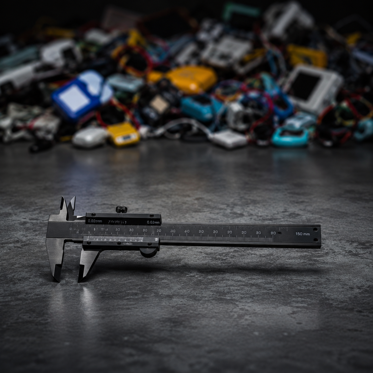 A single, precision-engineered steel tool resting on a clean, dark concrete surface, with a blurred background of cluttered plastic gadgets.