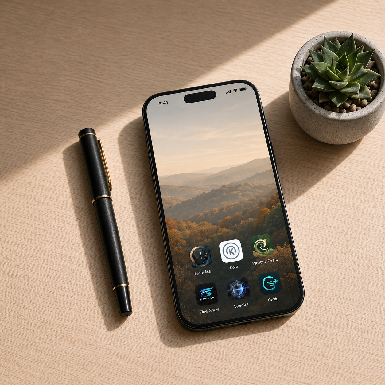 A minimalist smartphone screen with only a few essential, elegantly designed app icons, resting on a clean white oak desk in soft natural light.