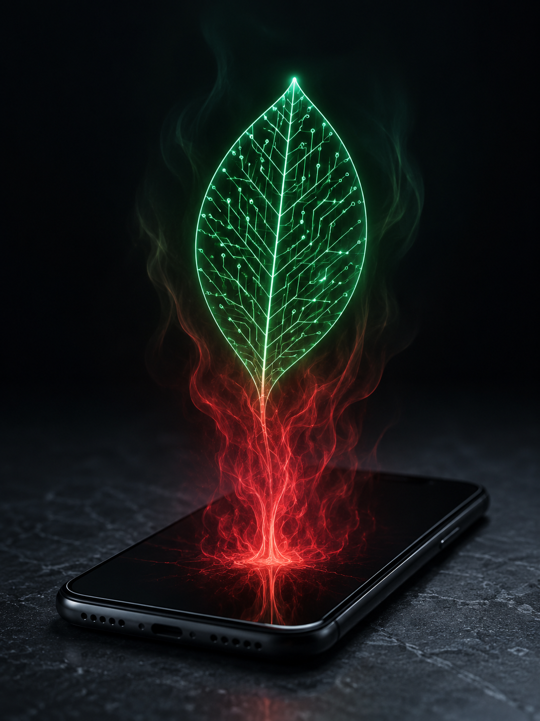 A conceptual image showing a smartphone emitting a soft red glow of heat, transitioning into a digital circuit pattern that looks like a leaf.