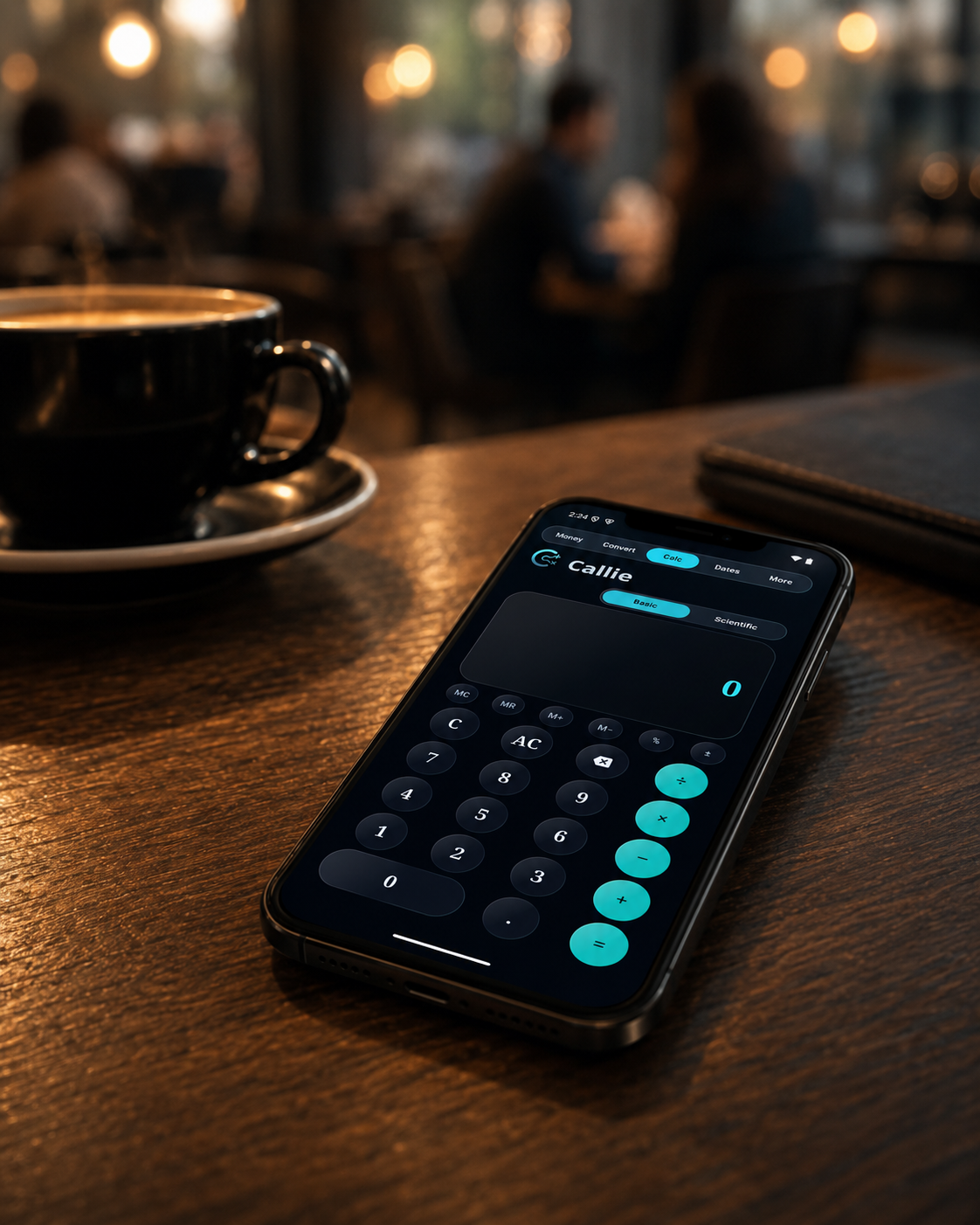 A person holding a smartphone with a clean calculator app open, blurred background of a coffee shop.