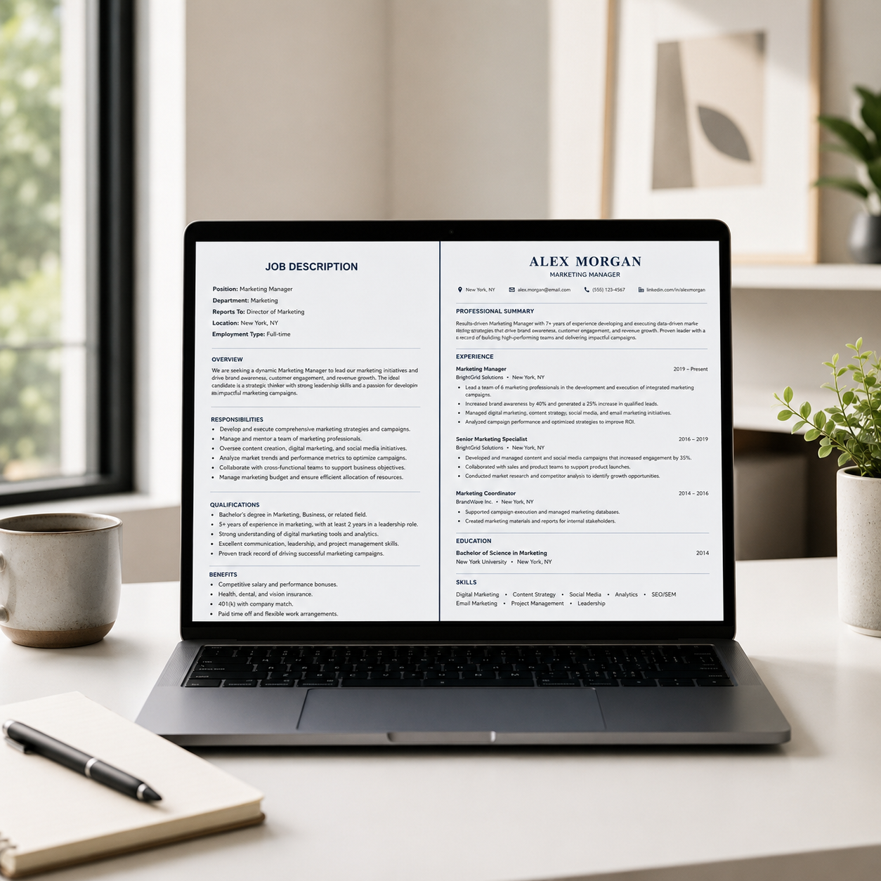 A laptop on a minimalist desk showing a resume and job description side-by-side.