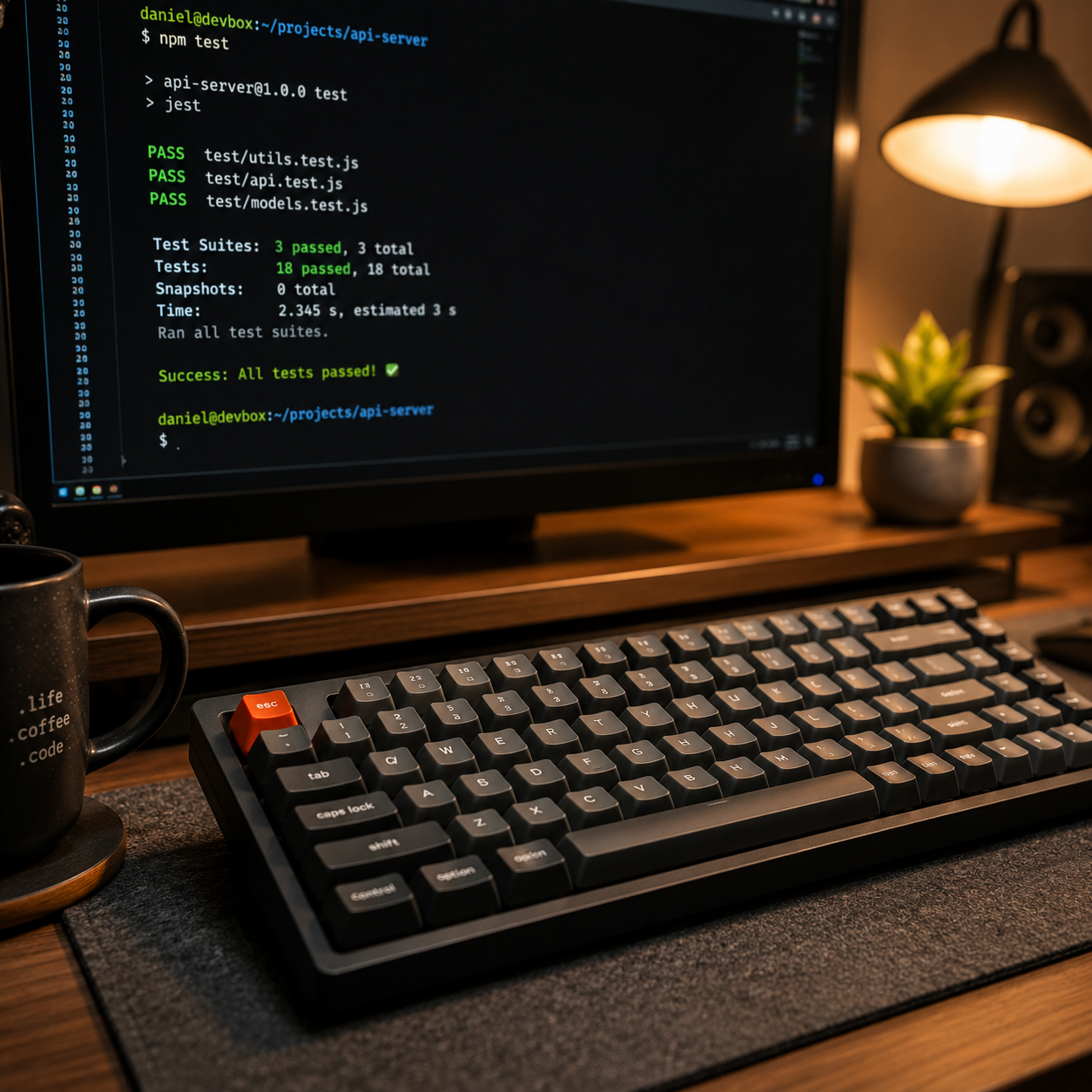 A mechanical keyboard and monitor displaying a terminal window with a success message in a dimly lit room.