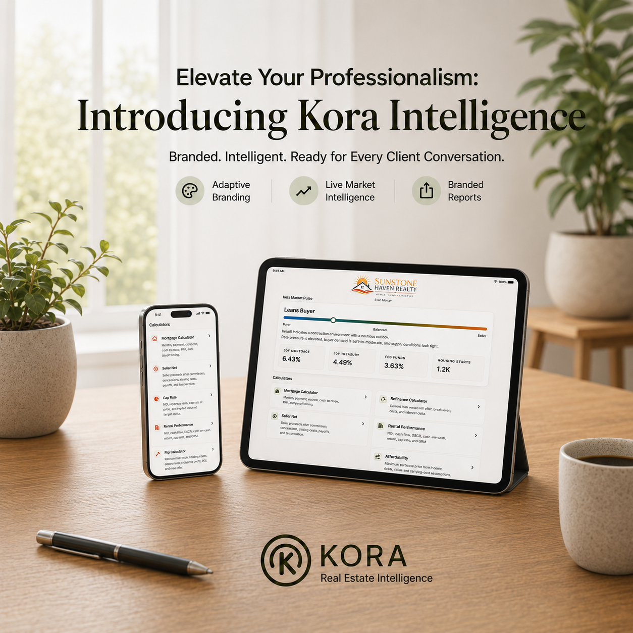 Modern home office with a smartphone and tablet displaying professional real estate branding tools.