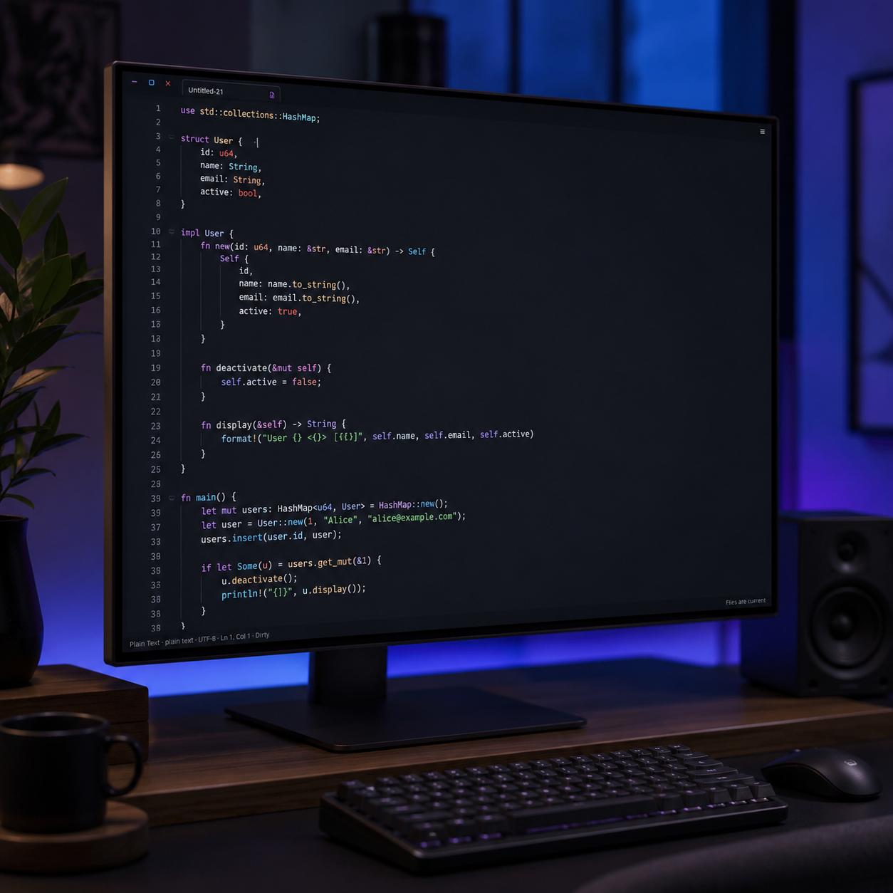 A clean, dark-themed text editor interface showing code on a Linux desktop.