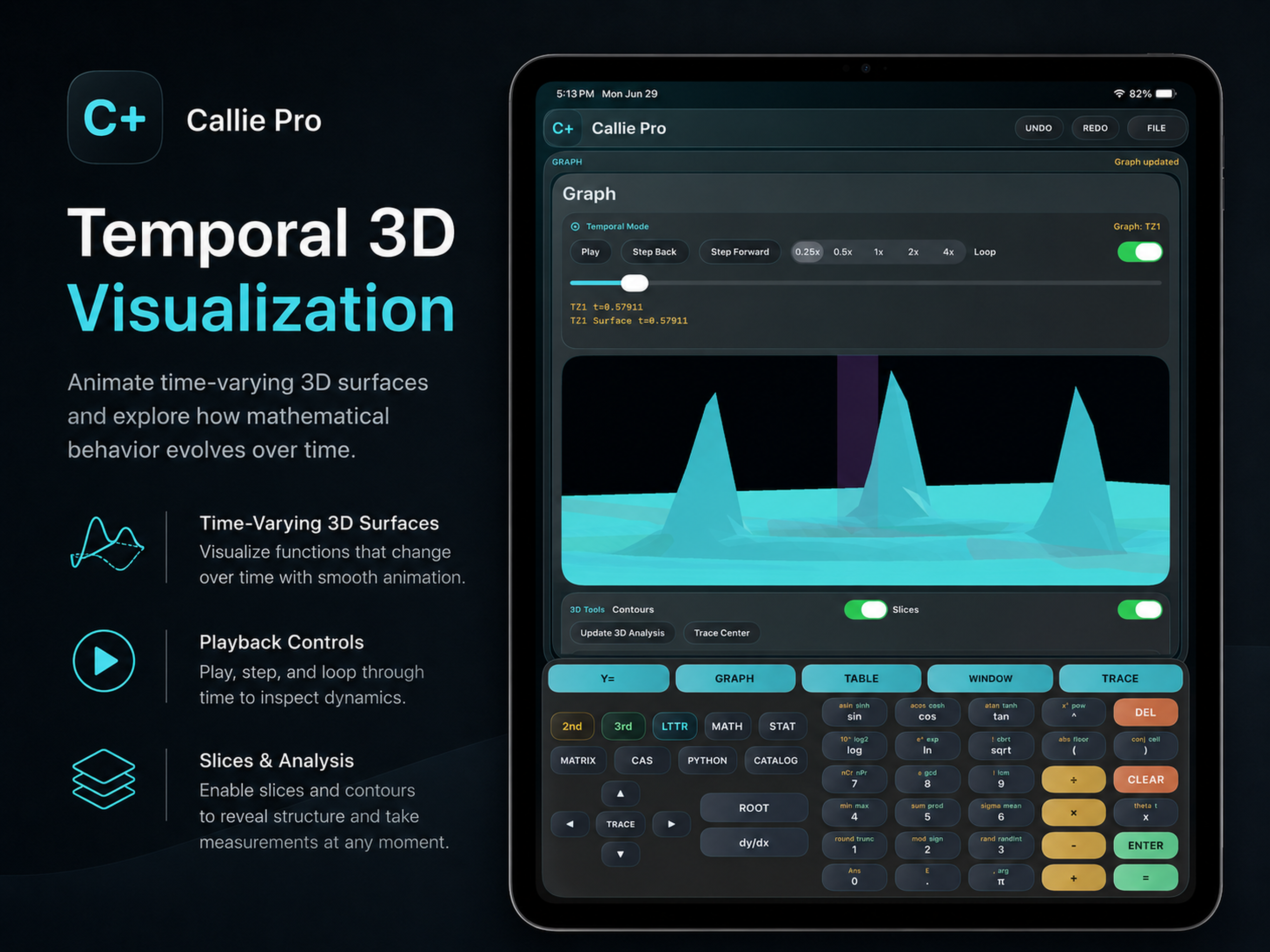 Callie Pro iPad interface showing a complex 3D surface plot and the hardware-inspired command keypad.