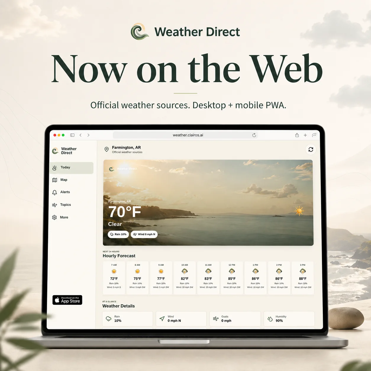 A clean, minimalist weather dashboard showing a clear sky and precise temperature on a modern device.