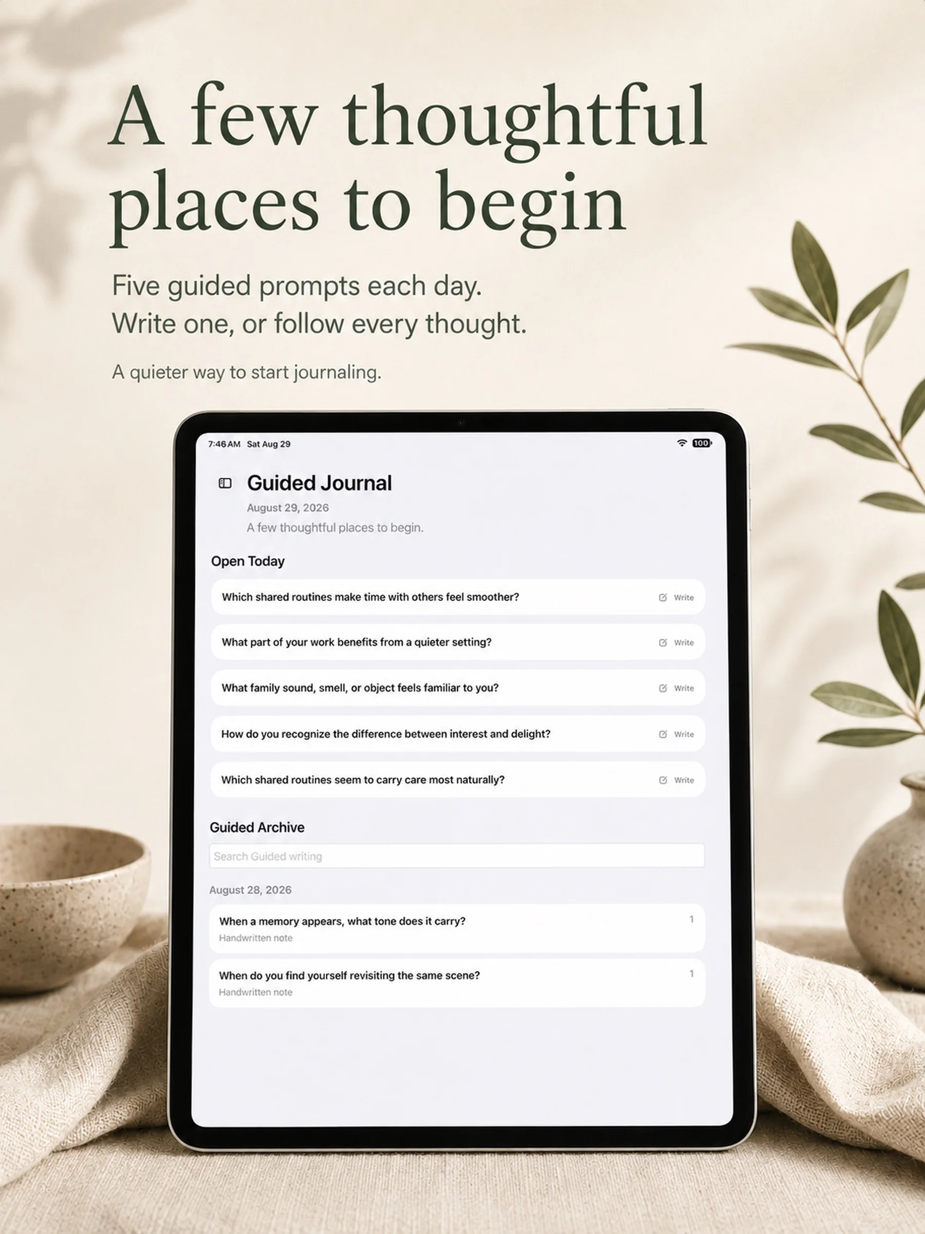 Official Journal - From Me artwork with an iPad Guided Journal screen showing five prompts and the archive; the August29 sample is illustrative.
