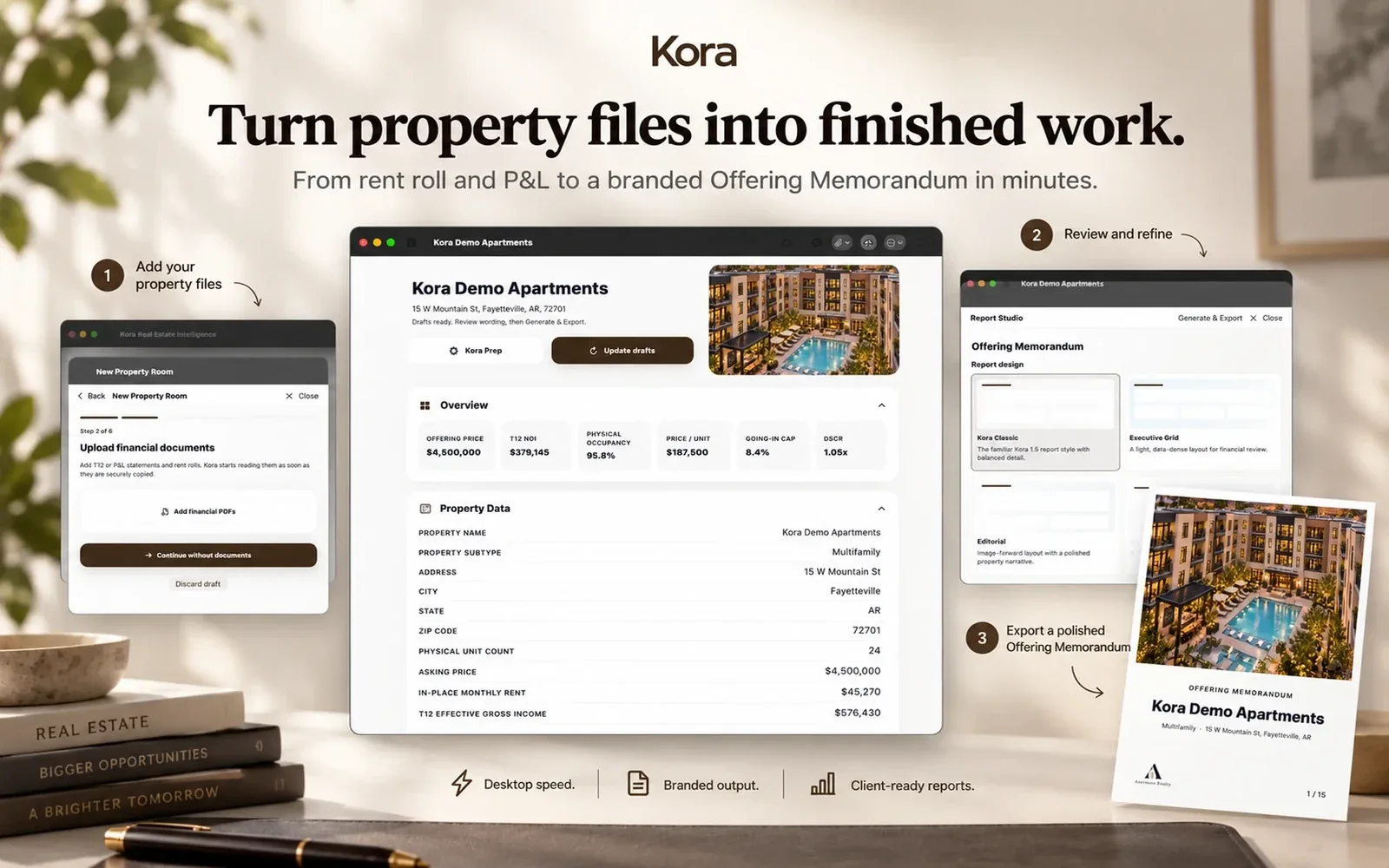 Kora on Mac showing document intake, the Kora Demo Apartments Property Room, Report Studio, and an Offering Memorandum cover with example agent branding.